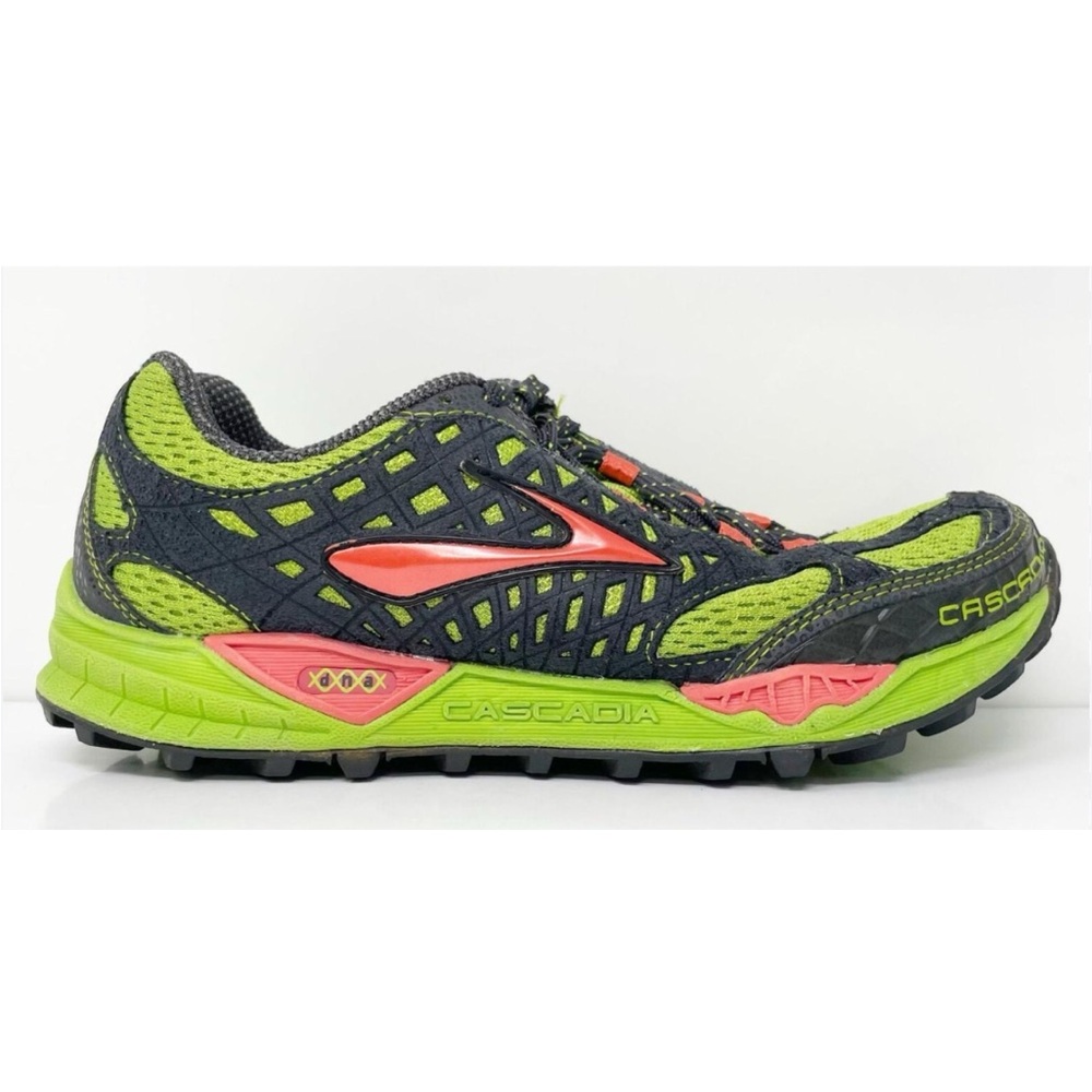 Brooks Cascadia Trail Sneakers in Lime Green, Charcoal & Coral